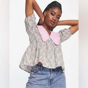 Cotton Romantic Core Floral Blouse with Pink Checkered Collar Size 8